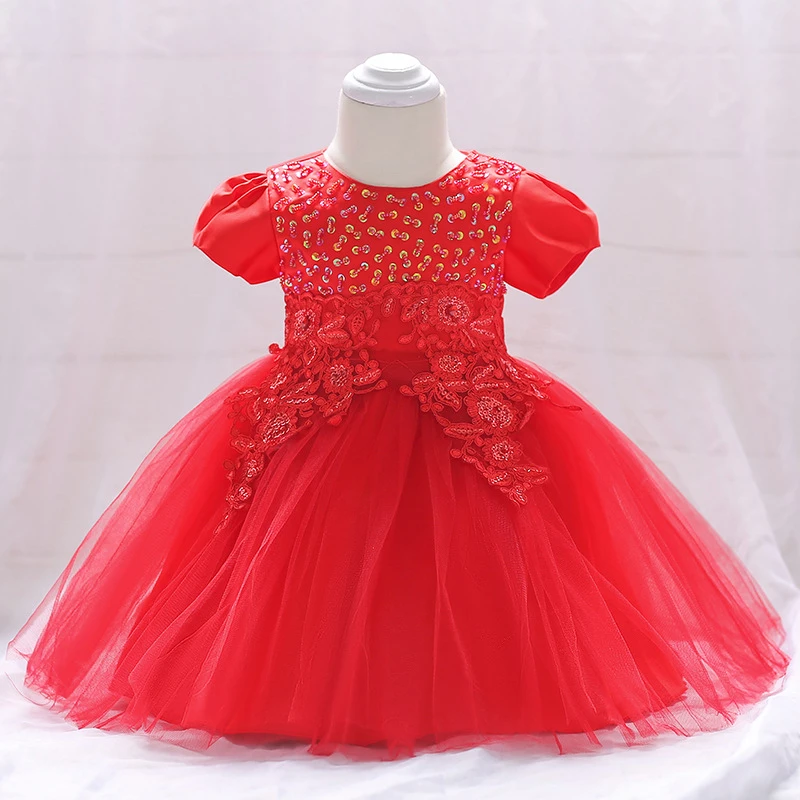 

2018 Toddler Girls Dresses Infant Baptism Clothes Newborn Baby Girls Red Diamond Appliques Dress Baby Lace Dress Cotton Lining