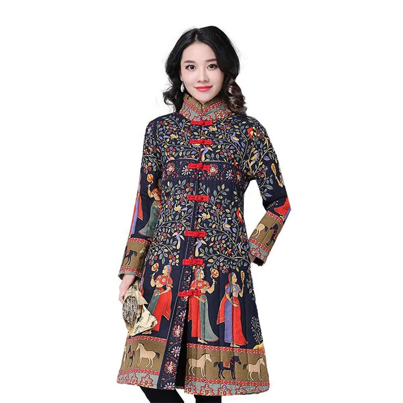 Женское зимнее пальто с воротником стойкой в китайском стиле хлопковое