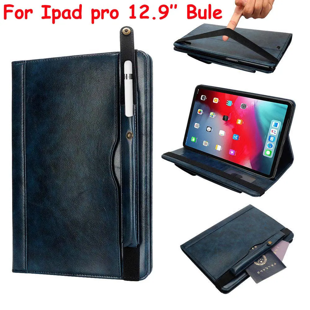 Untra-тонкий роскошный чехол из искусственной кожи для Apple iPad Pro 11 12,9 дюймов, деловой Чехол-книжка с подставкой для планшета, чехол с карандашом+ пленка - Цвет: Ipad pro 12.9 Bule