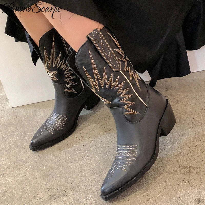 Buono Scarpe Embroider Women Boots Med Heels Retro Knight Boots Female Genuine Leather Botas Mujer Western Cowboy Sale Boots2019