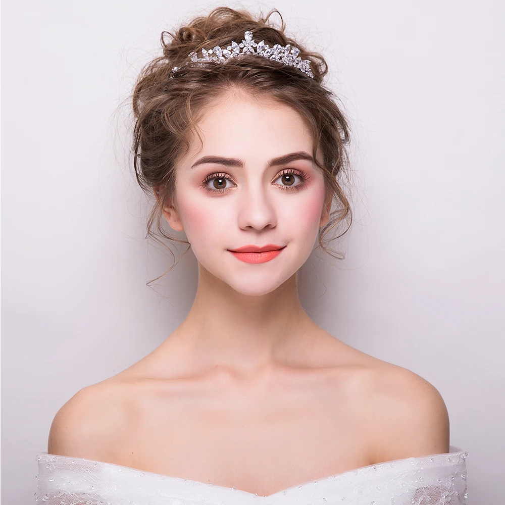 Свадебная тиара SLBRIDAL с кубическим цирконием повязка на голову для невесты