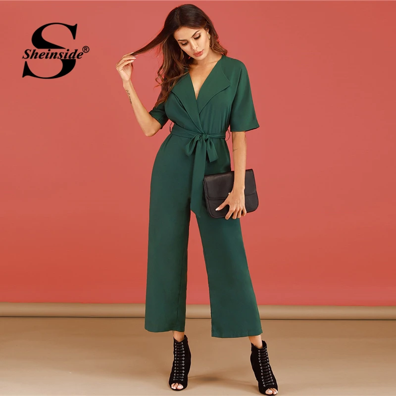 Sheinside, офисный женский элегантный комбинезон с зубчатым воротником, для женщин, весна, полурукав, Комбинезоны для девушек, средняя талия, комбинезон с поясом
