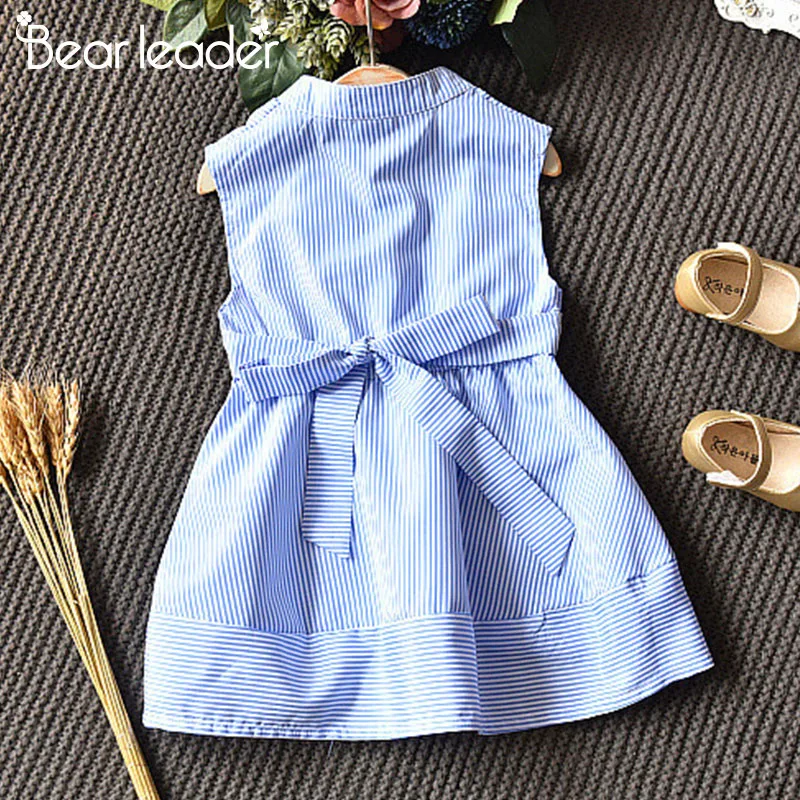 Bear Leader Girls Clothes 2020 New Summer Dresses Preppy Style Sleeveless Asymmetry Striped Dress Bow Princess 3-7Y | Детская одежда и