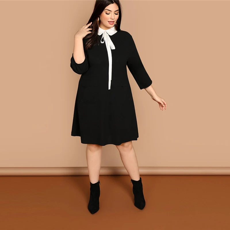 Dotfashion, платье размера плюс, черное, с завязками на шее, с контрастным воротником, с карманами спереди, женская одежда, осень, повседневное, до колена, консервативное платье