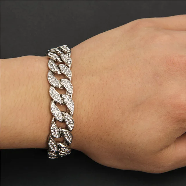 9inch Silver Стразы, звенья, кубинский браслет, цепь, льдом, хип-хоп браслет для мужчин, мощеный CZ рэпер, роскошные ювелирные изделия, аксессуары ручной работы, подарок - Окраска металла: 9inch Silver