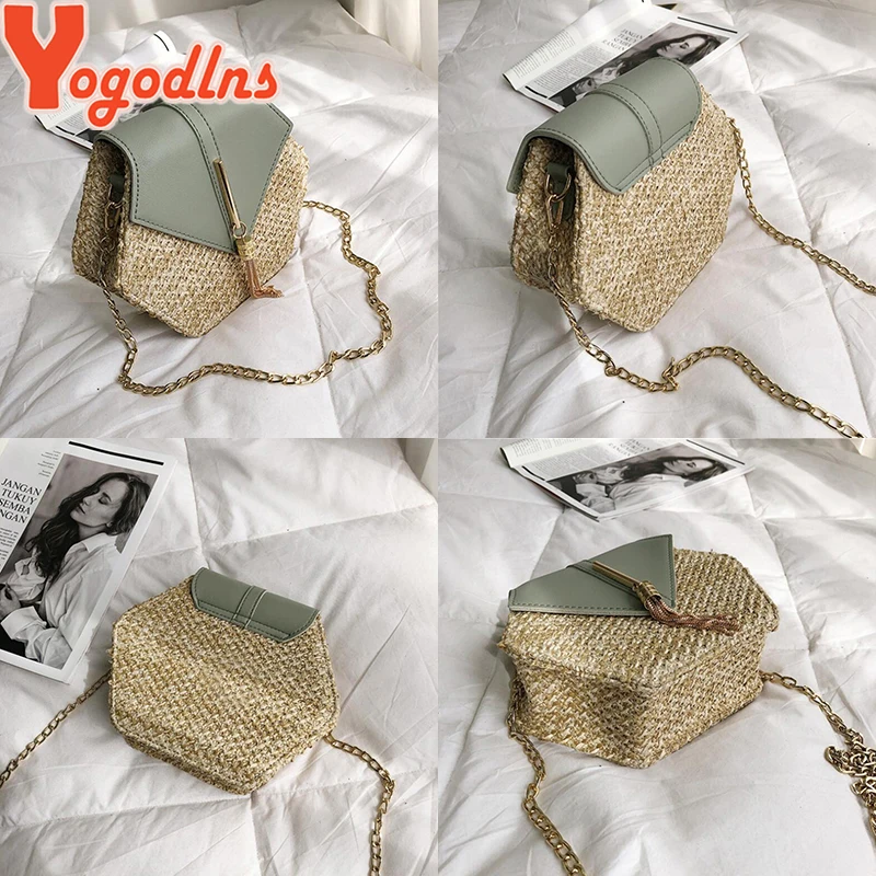 Yogodlns Hexagon Straw Shoulder Bag Women Summer Rattan Handmade Woven Beach Bohemia bolsa feminina chain Crossbody bag | Багаж и сумки