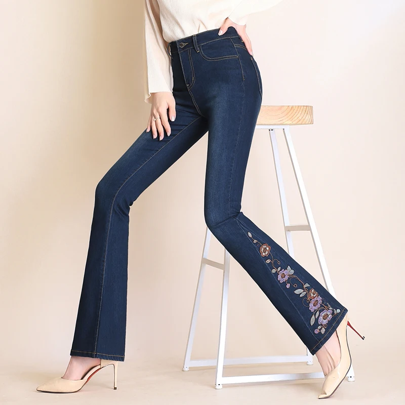 Embroidered micro-horn jeans women spring and autumn new high waist slim embroidered flared pants wide leg trousers |