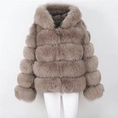 khaki FURSARCAR Новая модная синяя шуба из натурального Лисьего меха, женская короткая зимняя куртка с большим меховым капюшоном, теплое пальто из натурального меха - Цвет: khaki