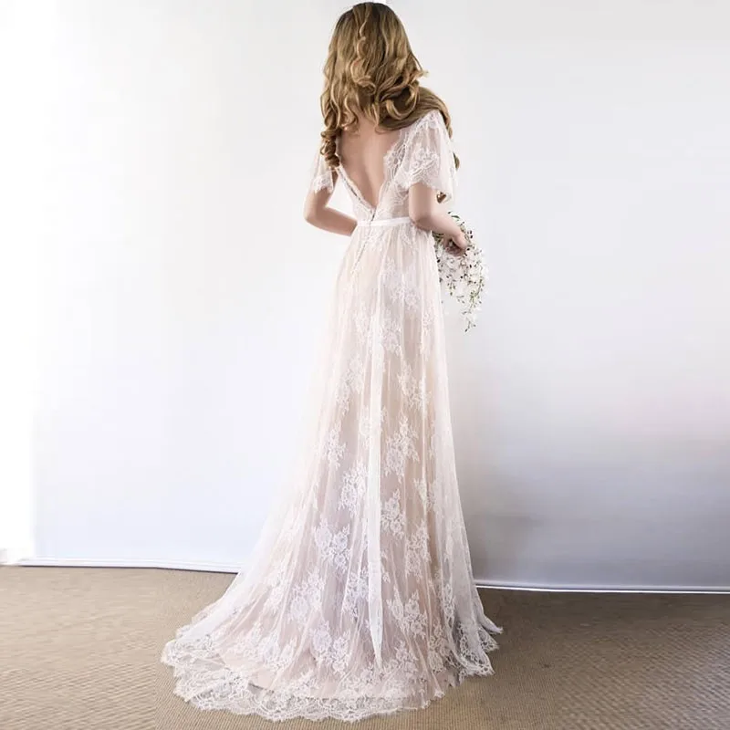 Vestido De Noiva/ кружевное богемное пляжное свадебное платье с v-образным вырезом и открытой спиной; Vestido De Noiva; Свадебные платья с коротким рукавом