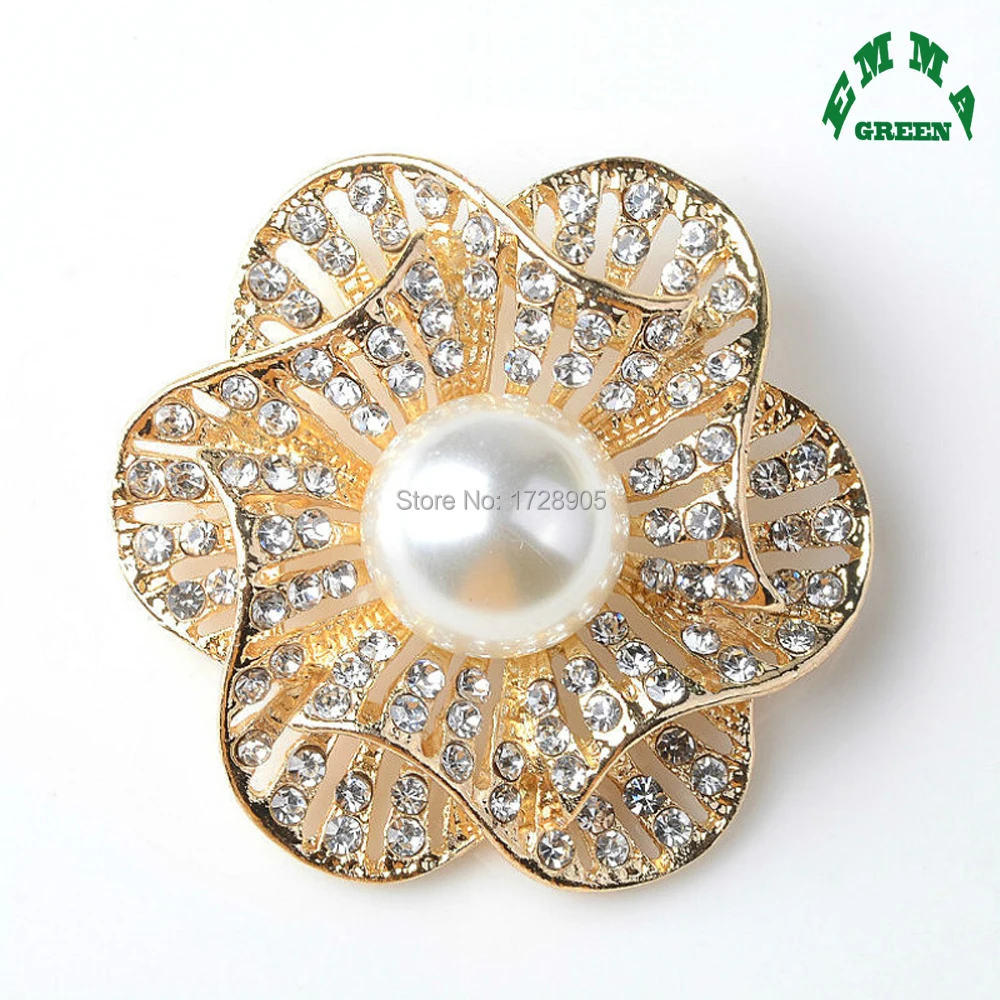 Camellia Flower Buttons fashion style sew on crystal rhinestones flatback Gold Color handsewing Accessories 5 pcs 40 mm