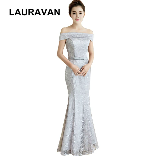 grey women off the shoulder bridesmaid mermaid adult formal dress lace long boat neck gown for wedding new product 2020 | Свадьбы и
