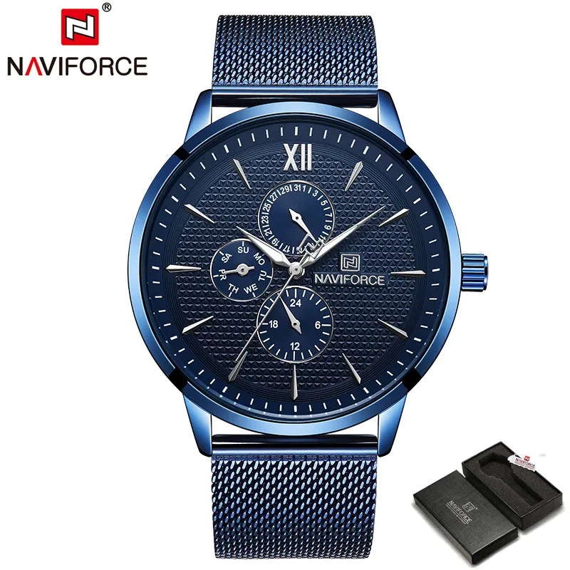NAVIFORCE Брендовые мужские модные спортивные кварцевые наручные часы, мужские повседневные водонепроницаемые деловые часы с ремешком и стальным сетчатым ремешком, Relogio Masculino - Цвет: Blue -Box