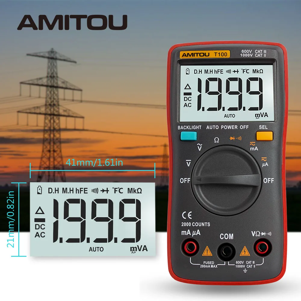 Цифровой мультиметр AMITOU T100 с автоматическим диапазоном переменного/постоянного тока Вольтметр Омметр с ЖК-подсветкой Измеритель сопротивления измерения емкости