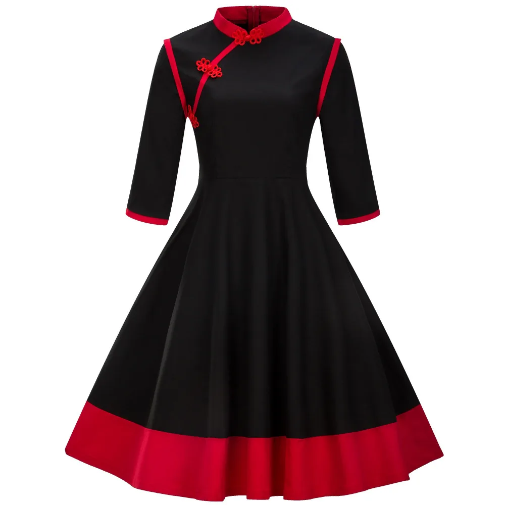 

Vintage Dress Women Autumn Winter 3/4 Sleeve Stand Collar Black Red Patchwork Party Dress Female Robe Retro Rockabilly Vestidos