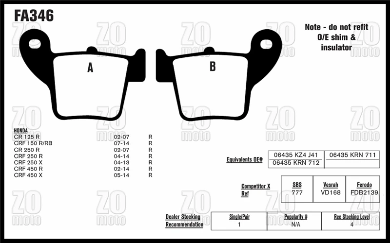 Newet Brand ZOMOTO 2016 Motorcycle Disc Brake Pads FA346 fit for HONDA CR 125 R 250 CRF 450 R|padded buts|pad polisherpadded cushions |