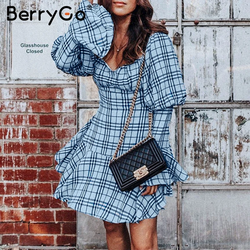 BerryGo Vintage puff sleeve plaid summer dress women Sexy square collar female Elegant ruffle office lady spring vestidos | Женская