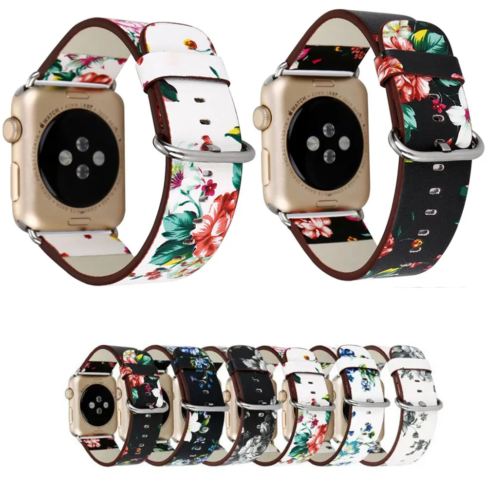 Ретро Кожаный ремешок для часов Apple Watch 38 мм 42 Серия 1/2/3 цветочный цветочные принты