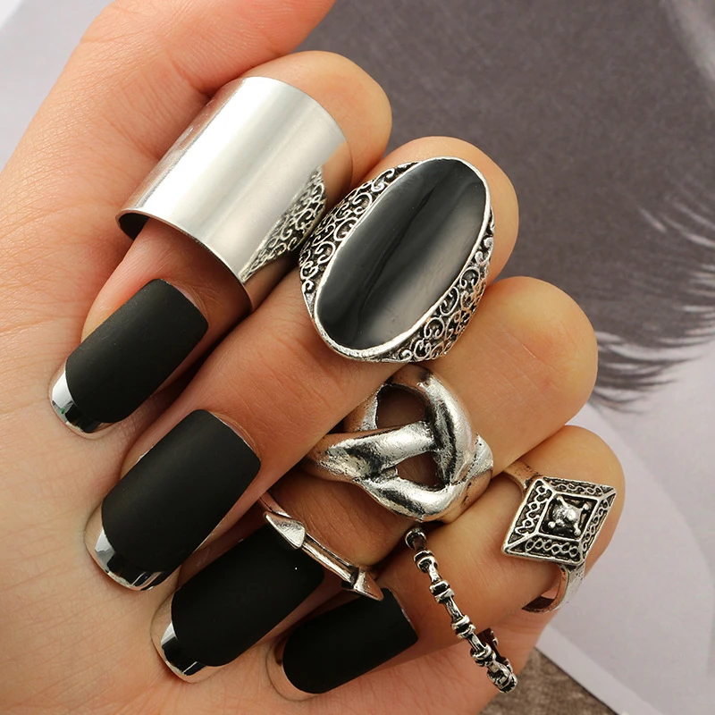 Резное Винтажное кольцо с черным камнем bague pour les femmes 6 pic/sit tiny ring sortijas ajustables ague lots