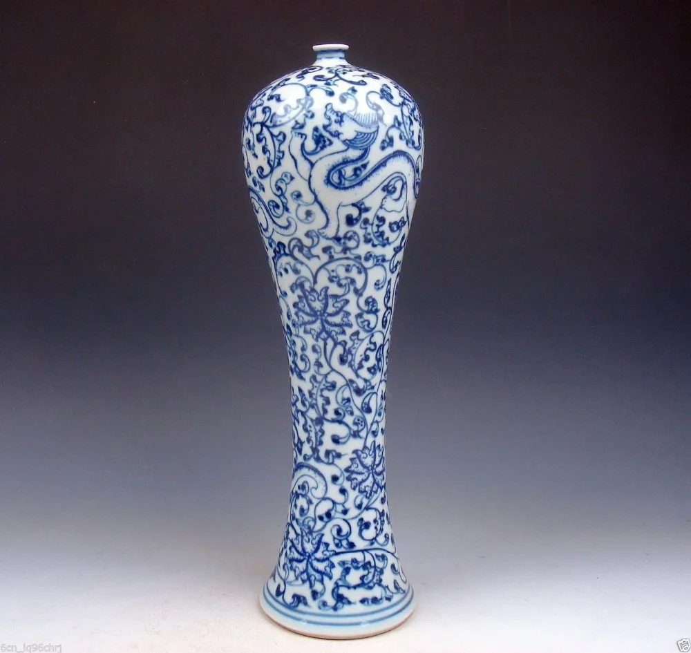 

12" / Elaborate Chinese Glazed Blue and White Porcelain Dragon Flowers Hand Painted Vase