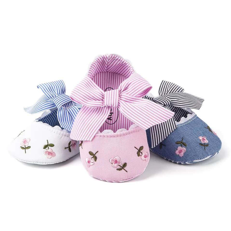 2020 New Baby Girl Shoes Floral Embroidery Spring Autumn Striped With Bow Princess Toddler Soft Soled First Walker |