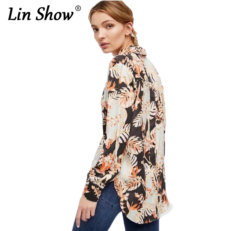 Linshow с цветочным принтом одежда длинным рукавом Женские топы и блузки женские