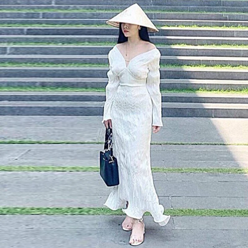 INDRESSME 2019 New Women's Sexy Sheath Draped Long Sleeve Bodycon V Neck Ankle Length Ruffles Dress | Женская одежда