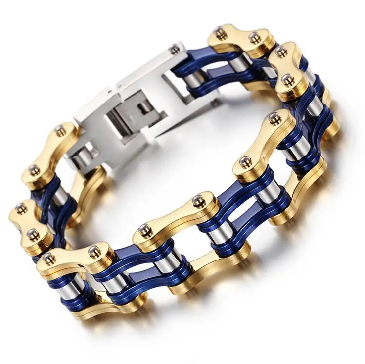Gold Blue Мотоцикл Велосипед полировки браслет байкера 316L нержавеющая сталь мужские велосипедные цепи браслет ювелирные изделия черный зеленый белый - Окраска металла: Gold Blue