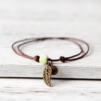 ceramic beads bracelet vintage hollow leaf pendant bracelets for women charm bangle men jewelry adjustable rope chain bangles