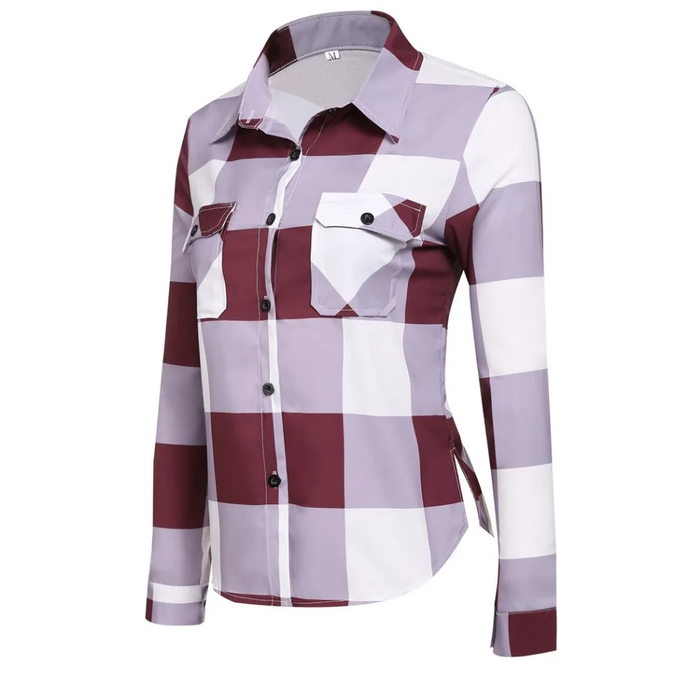 Женщины С Длинным Рукавом Turn Down Шеи Плед Карманный Кнопка Рубашка Мода |