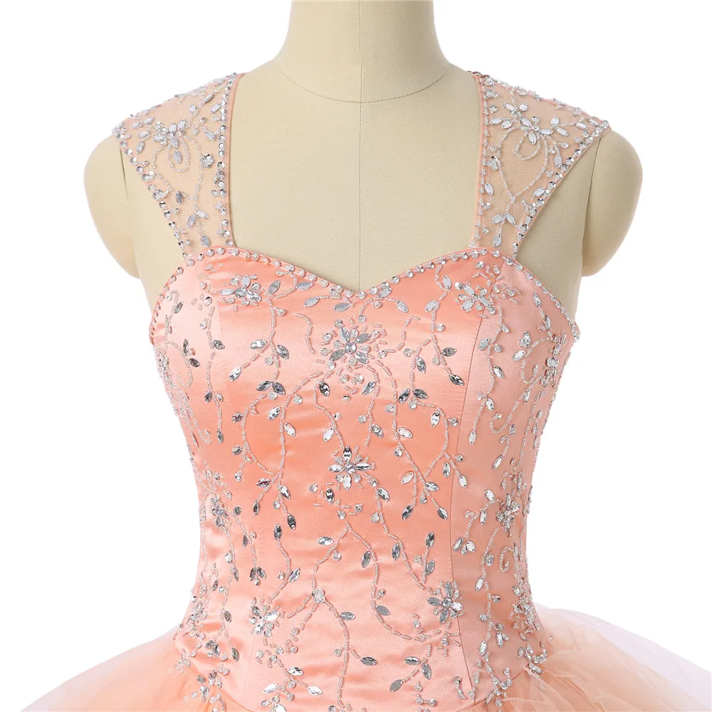 Персиковые Дешевые Бальные платья Quinceanera бальное платье милое Тюлевое с рукавами