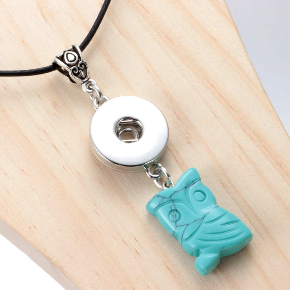DZ1722a High quality Blue leather Necklace Fit 18mm Snap Button Owl Pendant Snaps Jewelry|snap jewelry pendant|snap button pendantsowl snap necklaces
