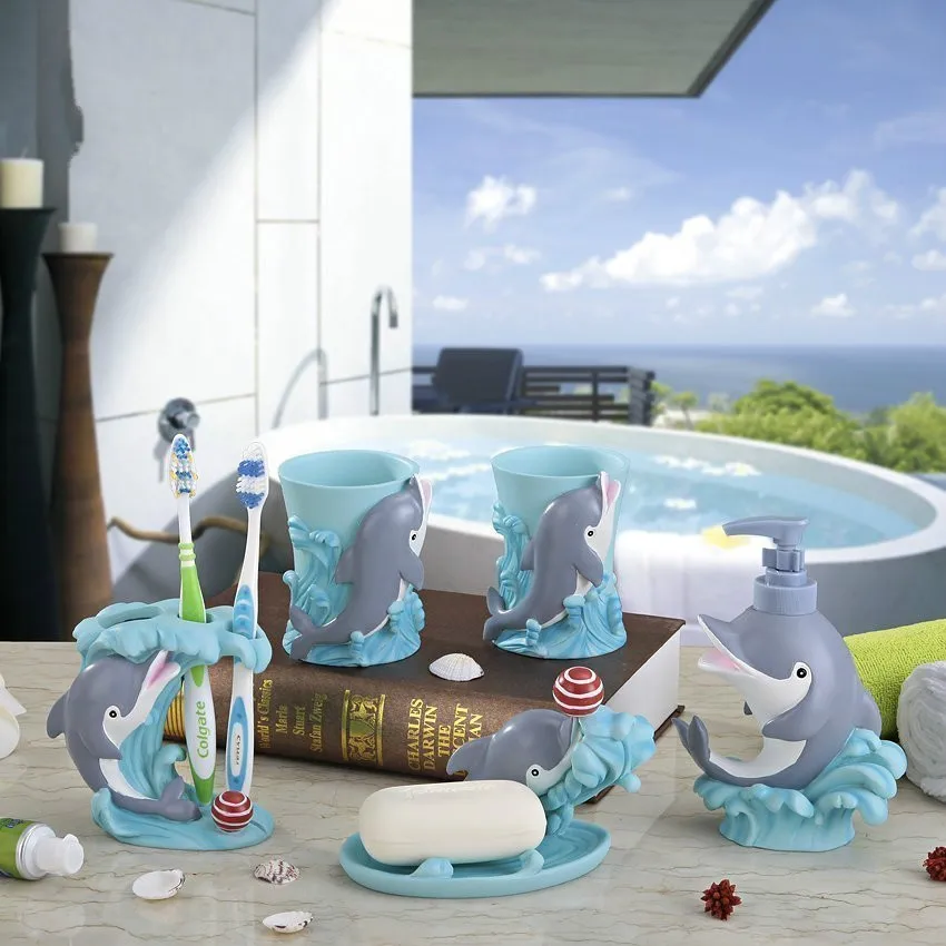 

Cartoon Dolphin Bathroom Mouth Cup Set Child Bathroom Toothbrush Holder Creative Couple Toilet Products Five-piece Kit LO861123
