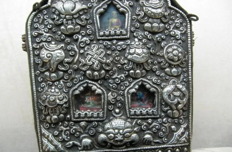 

Nepal temple Old Copper & silk cloth Eight treasures Buddhism Shrines TangKa