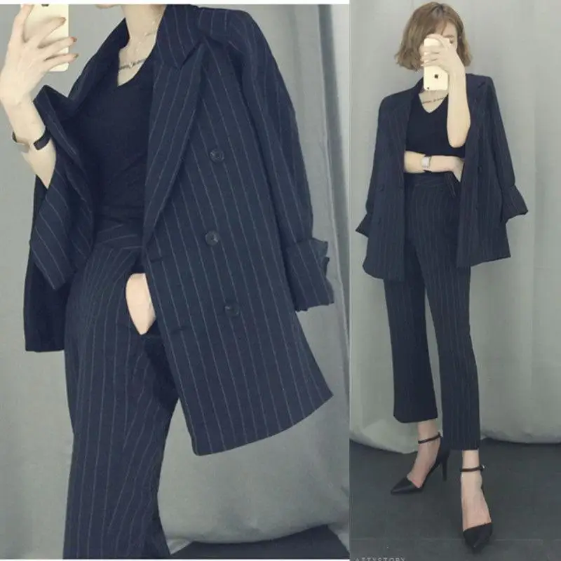 

Korean Womens Stripe Black Blue Suits Casual Slim Lapel Coat Skinny Trouser Sz B9