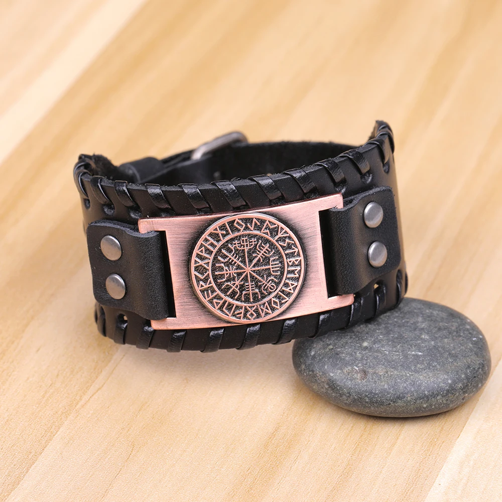 Teamer Wide Leather Bracelets Vintage Nordic Viking Rune Vegvisir Compass Charm Cuff Bracelet Men Women Gift Fashion Jewelry|Браслеты с