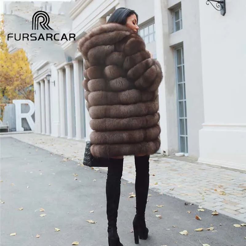 Женское меховое пальто FURSARCAR натуральное с капюшоном из натурального Лисьего