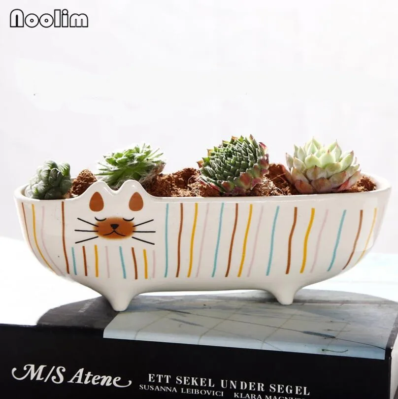 19x5.8x7cm NOOLIM цветочный горшок с мультяшным котом Ретро Проницаемый керамический зеленый цветочный горшок для гостиной офиса украшения сада - Цвет: 19x5.8x7cm