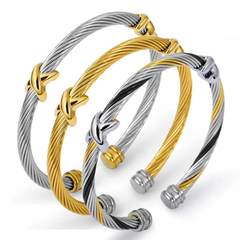 

Lady Cross Bangle Charm Stainless Steel Silver Stripe Wire Chain Cable Bracelet Men Cuff Bracelet For Women Party Jewelry