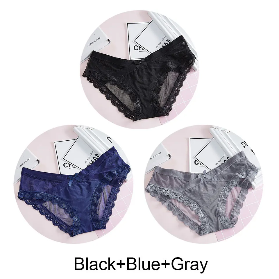 Black-Blue-Gray 3 шт., сексуальные кружевные трусики для женщин, нижнее белье, низкая посадка, дышащие Бесшовные трусики, трусы, Прозрачное нижнее белье с бантиком для девушек, новинка - Цвет: Black-Blue-Gray