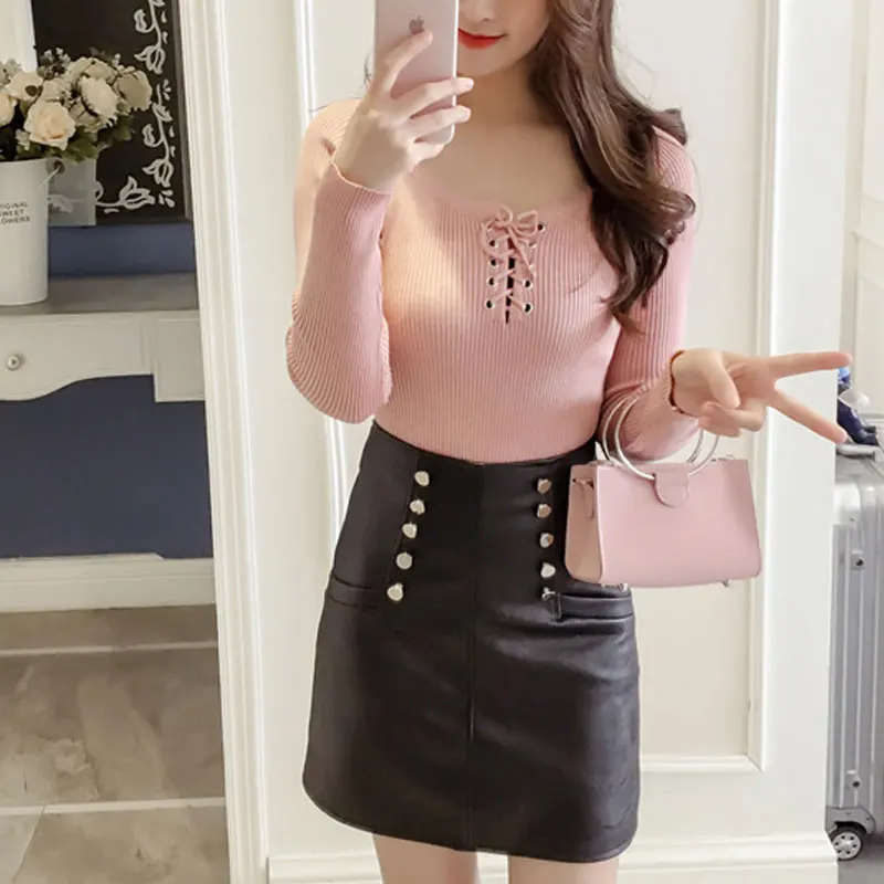 Autumn Spring Women Knitwear Sweater Lace Bow Bottoming Shirt Knit Tops Slim Casual Elastic Sexy Pullovers | Женская одежда