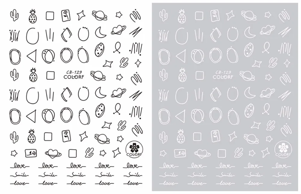 5 листов красочные черные/белые японские наклейки для ногтей дизайн Gummed стикеры 3D