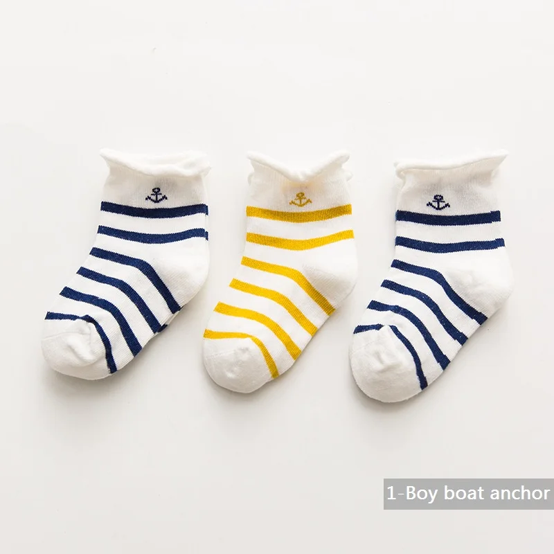 1-boy boat anchor 3 пар/лот; хлопковые носки для малышей; носки в полоску с короной для новорожденных; детские носки без костей; аксессуары для малышей - Цвет: 1-boy boat anchor