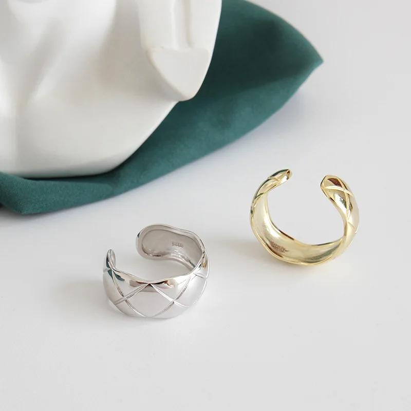 DAIWUJAN 100% 925 Sterling Silver Open Ring Korean Simple Personality Rhombic Plaid Gold Color Finger Jewelry Female | Украшения и