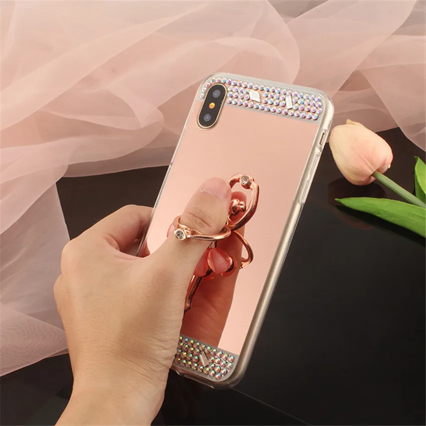 Модный Блестящий зеркальный мягкий чехол со стразами для iPhone 7 6 Plus с кольцом