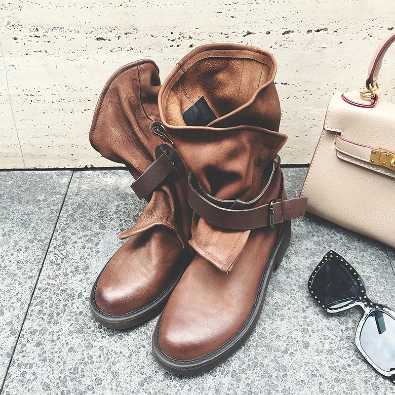INS hot Women mid-calf Boots Solid color plus size 22-25.5cm length Leather Martin boots British retro motorcycle boots 2 colors