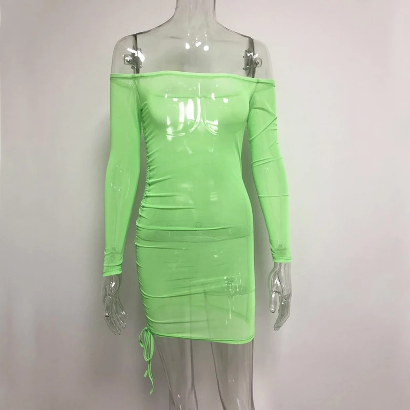 

NewAsia Biquinis Cover Up Beach Dress Summer Dress Women Sexy Off Shoulder Side Drawstring Mesh Dress Neon Pink Streetwear