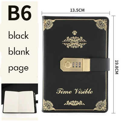 black blank page Винтажная записная книжка с 3 цифрами, кожаная записная книжка с паролем, держатель для ручки, ленточная Закладка, ежедневник, планировщик, канцелярские принадлежности в подарок - Цвет: black blank page