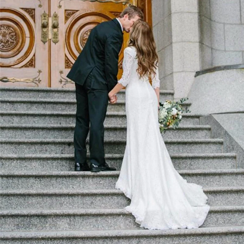 

LORIE Boho Wedding Dress with Long Sleeve V Neck Lace Mermaid White Ivory Beach Bridal Gown Wedding Gown Free Shipping 2019