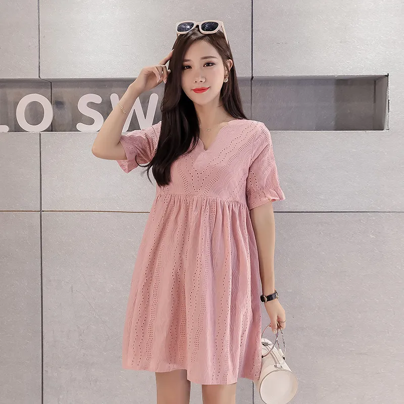 Pink Модная летняя одежда для будущих мам; Одежда для беременных; повседневное кружевное платье для беременных женщин; большие размеры; Одежда для беременных с коротким рукавом - Цвет: Pink