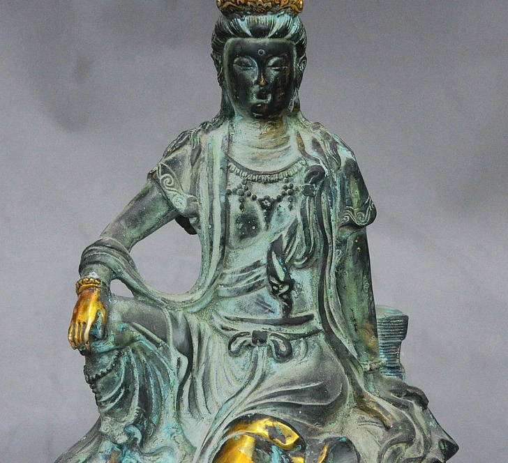 10 &quotСтарый китайский буддистский бронзовый позолоченный NanHai Free GuanYin Kwan-Yin статуя